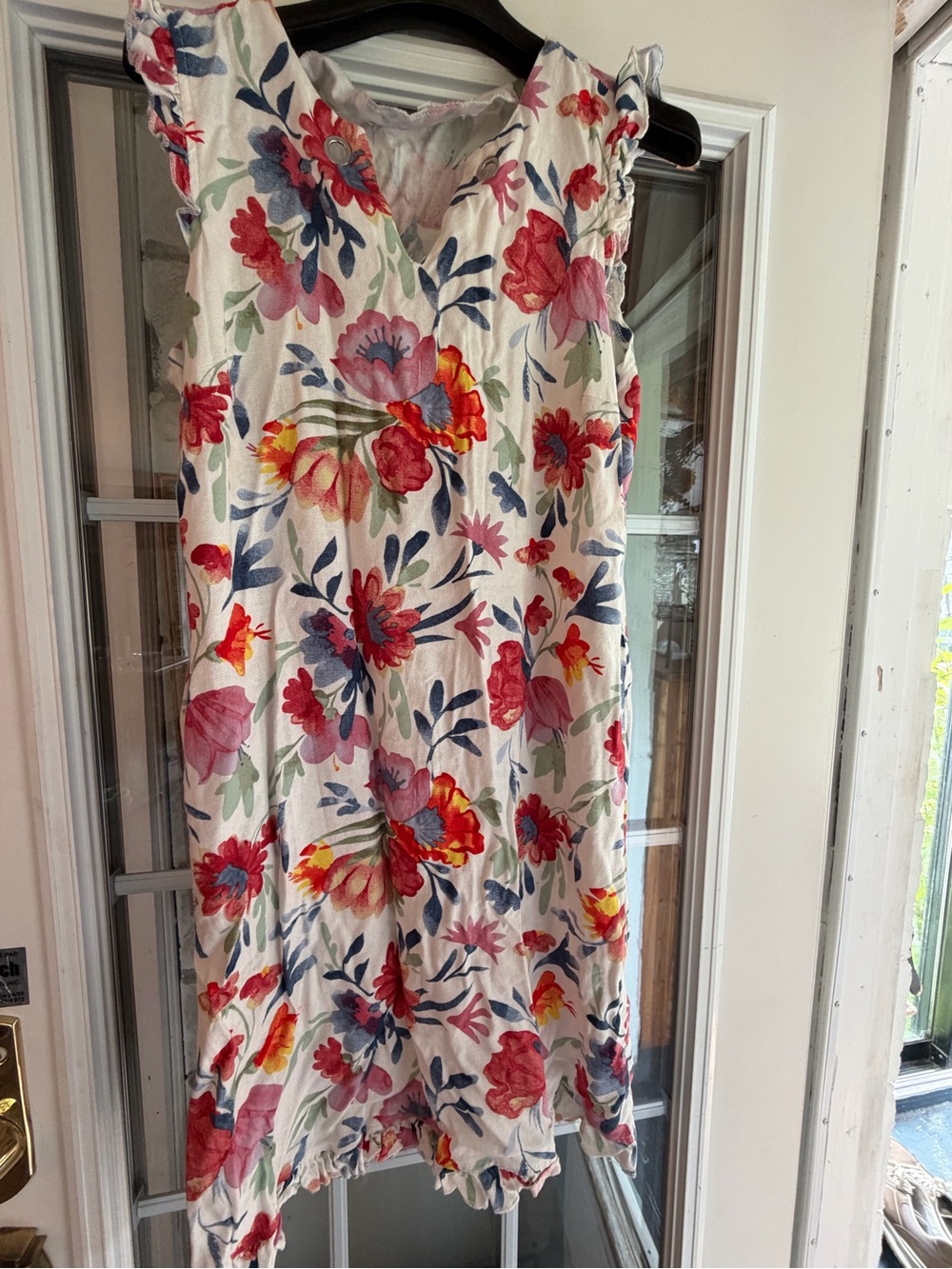 Sleeveless Floral Midi Dress in White with Red & Blue Blooms